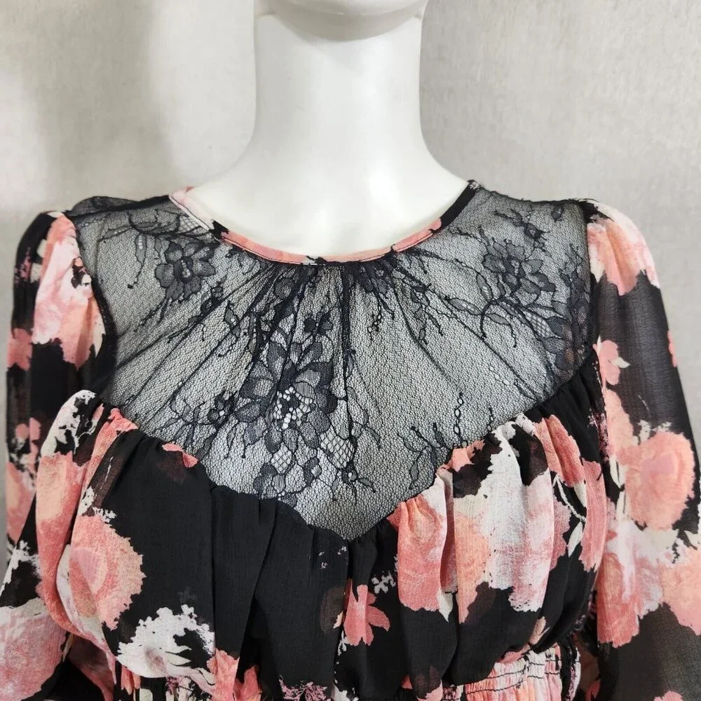Free People Women's Size M Daphne Blouse Long Sleeve Lace Floral Black New 37